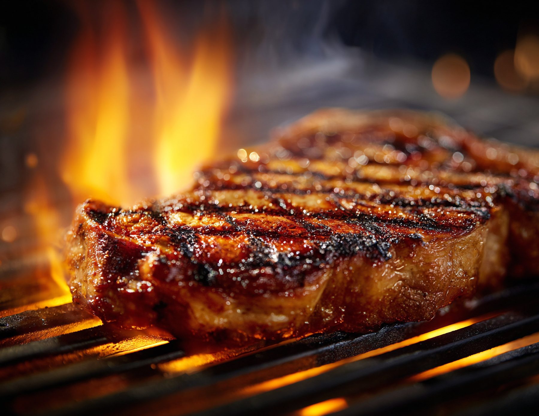 Steak flame-grilled over an open fire